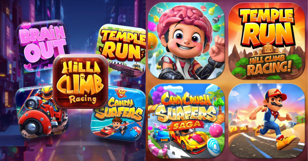 Brain Out,Temple Run, Hill Climb Racing, Candy Crush Saga, Subway Surfers